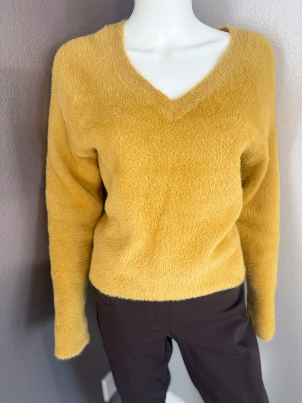 Rachel Zoe Mustard V-Neck Fuzzy Sweater